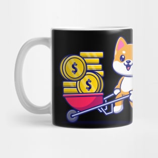 Cute Shiba Inu Dog Pushing Cart Gold Coin Cartoon Mug